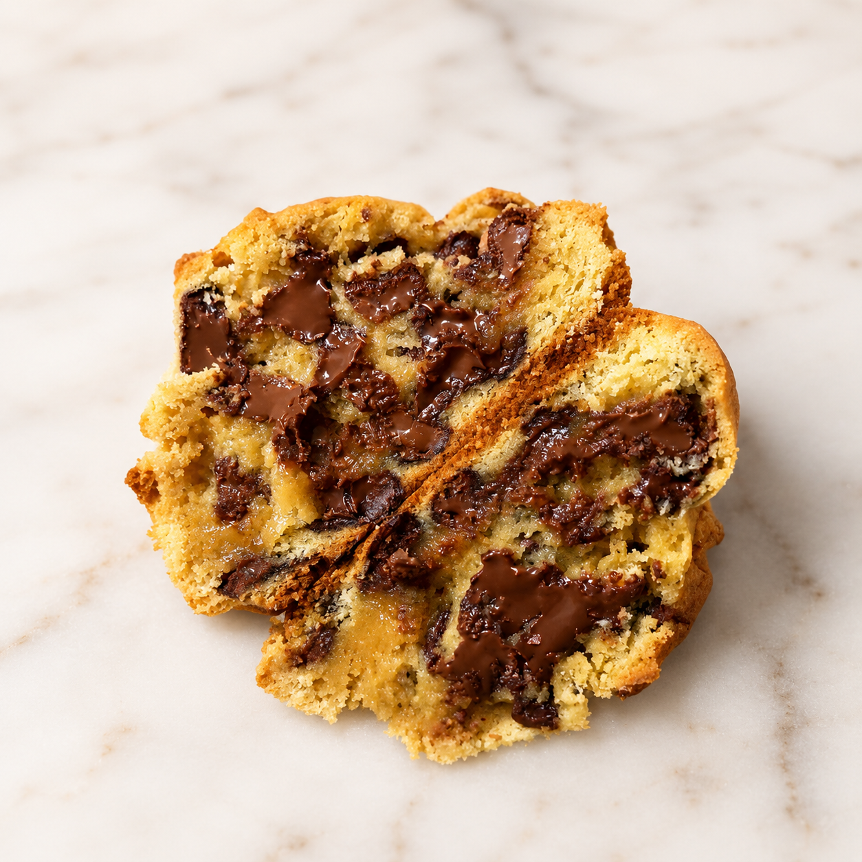 NY Classic Chocolate Chip cookie broken open with melted chocolate inside