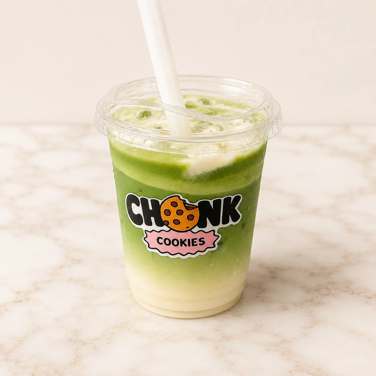 Vanilla Dream Matcha in a CHONK cup with vanilla cold foam